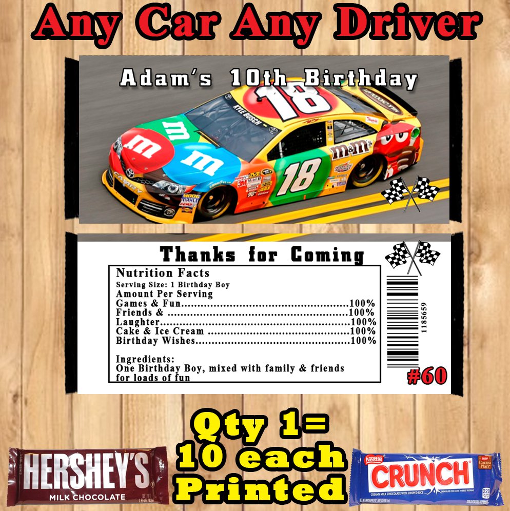 Nascar Birthday Candy Bar Wrapper 10 ea Personalized