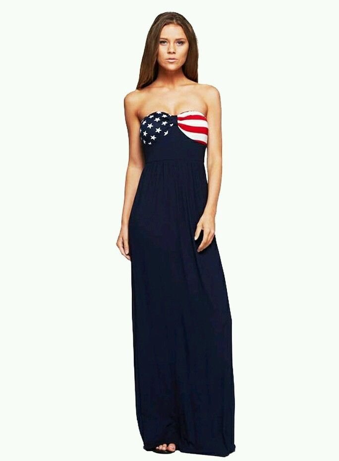 Womens Sexy Strapless American Flag Patriotic 4th Of July Party Clubwear Maxi Dress 3351