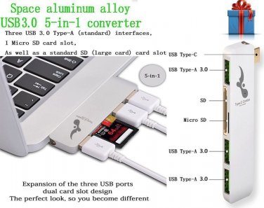 High Speed 5-in-1 USB 3.0 To USB-C Hub,  SD card, and Micro SD card support