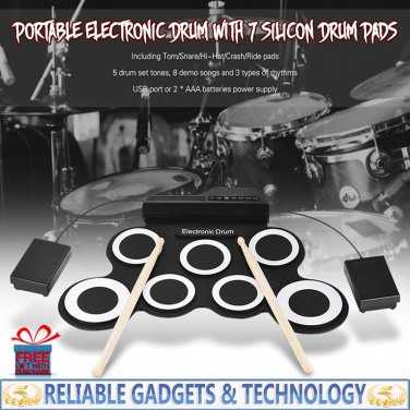 Foldable Silicone Drum - 7 Pads, 2 Foot Padels, Head Phone Jack, Realistic Sound
