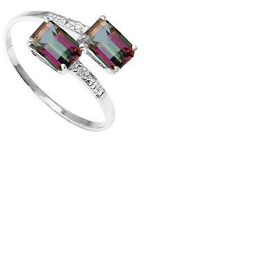 Emerald Cut Mystic Gemstone/6 Round Cut Diamonds/10kt White Gold/Size 7 Ring
