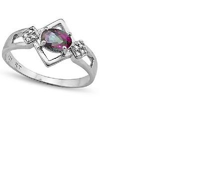 Oval Cut Mystic Gemstone/8 Round Cut Diamonds/Sterling Silver Ring/Size 7