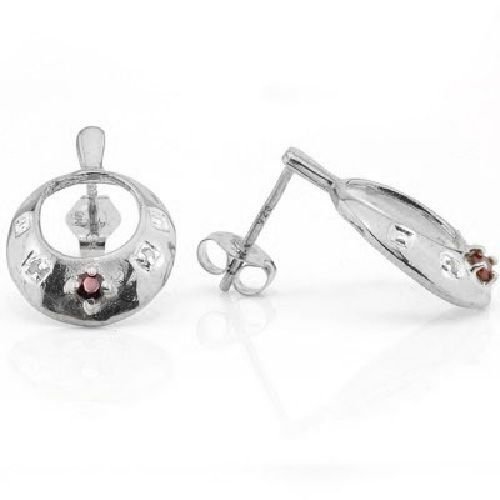 Red Garnets/4 Round Cut Diamonds/Sterling Silver Earrings