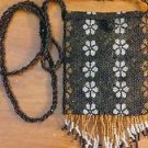 Small Black Beaded Handbag Floral Print Cross Body Fringe Cosmetic Coin Purse