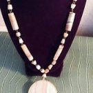 Natural Stone Bead Necklace Large Mystical Pendant Brown White Agate Hook Clasp