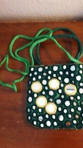 Green Handbag Mirrors Shoulder Strap Yellow Trim Polyester Small Cosmetics Coins