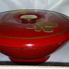 Vintage Japanese Lacquer Rice Bowl with Lid 8" D Red Gold Leaves 2 Piece Pot