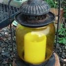 Round Candle Lantern Amber Yellow Glass & Metal Pagoda Top Battery Operated 13"