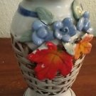 Vintage 7"h White Ceramic Vase Basket Weave Design Blue Flowers Orange Leaves