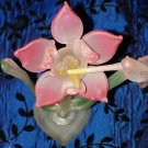 Small Frosted Glass Floral Figurine Hummingbird Pink Hibiscus Heart Stand 6"