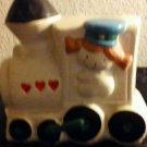 Vintage Ceramic White Train Bank Freckle Face Girl Conductor Hearts Pottery 5" H