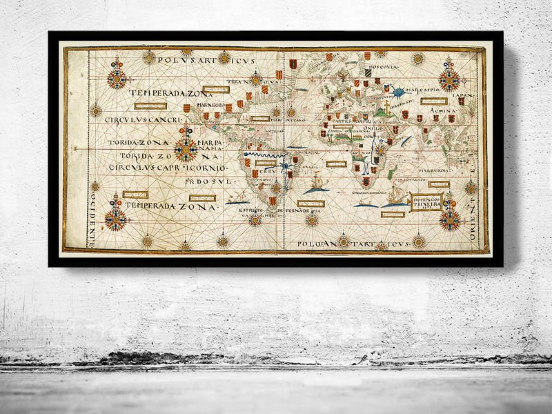 OLD WORLD MAP PORTUGUESE DISCOVERIES 1573 - fine reproduction