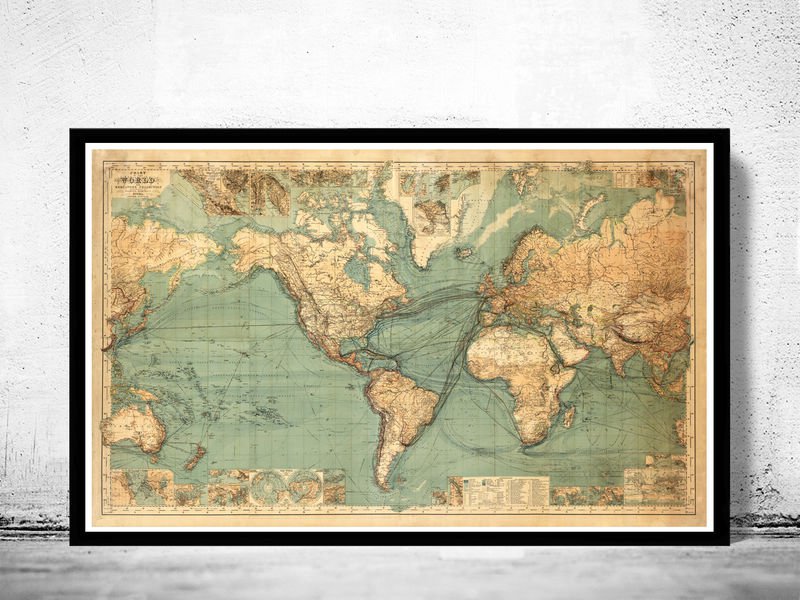 GREAT VINTAGE WORLD MAP IN 1882 - fine reproduction