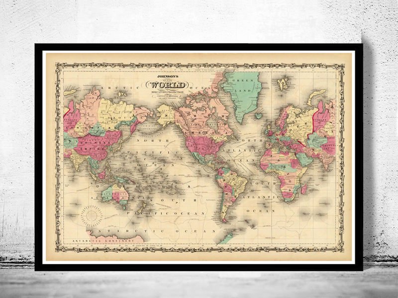 VINTAGE WORLD MAP 1860 MERCATOR PROJECTION - fine reproduction