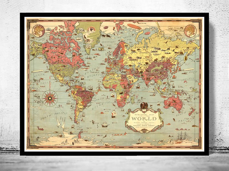 OLD WORLD MAP WORLD VINTAGE POSTER - fine reproduction