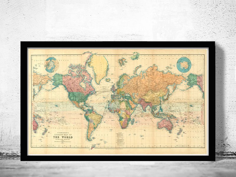 BEAUTIFUL WORLD MAP VINTAGE ATLAS 1898 MERCATOR PROJECTION - fine reproduction