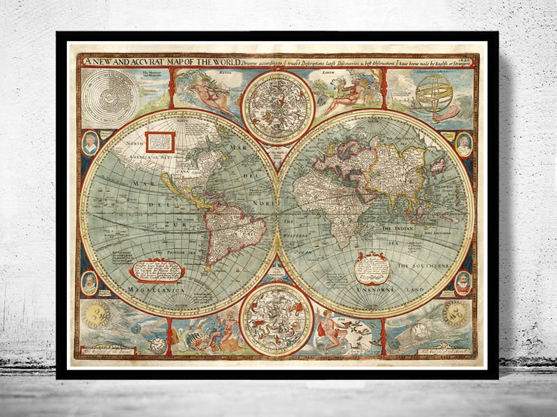 OLD WORLD MAP 1627 TWO HEMISPHERES - fine reproduction