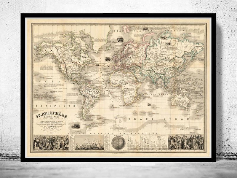MARVELLOUS WORLD MAP 1853 VINTAGE LOOK MERCATOR PROJECTION - fine reproduction