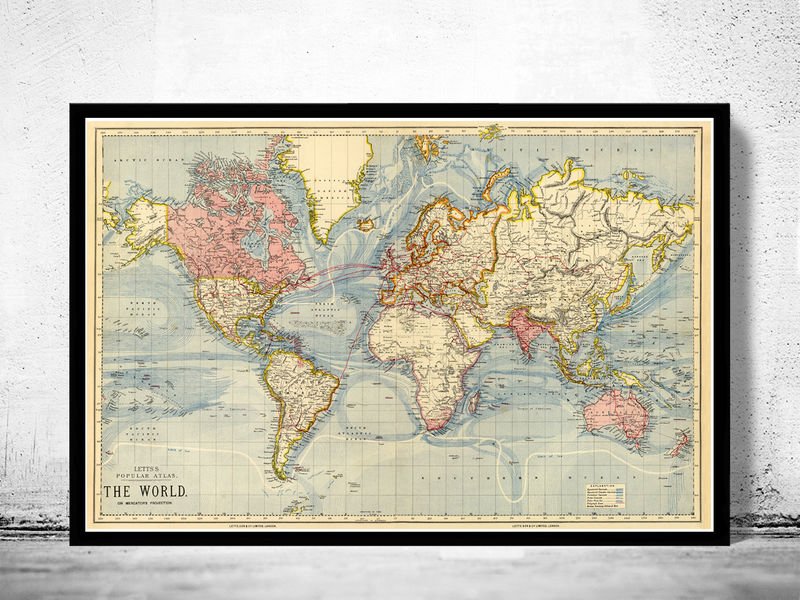 VINTAGE WORLD MAP 1883 MERCATOR PROJECTION - fine reproduction