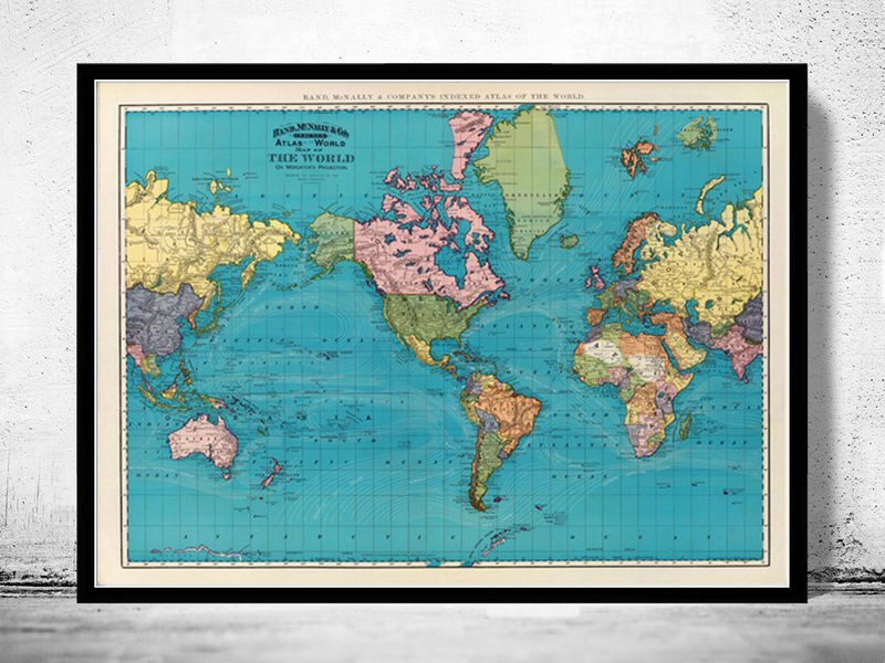 OLD WORLD MAP ATLAS VINTAGE WORLD MAP 1897 MERCATOR PROJECTION - fine reproduction