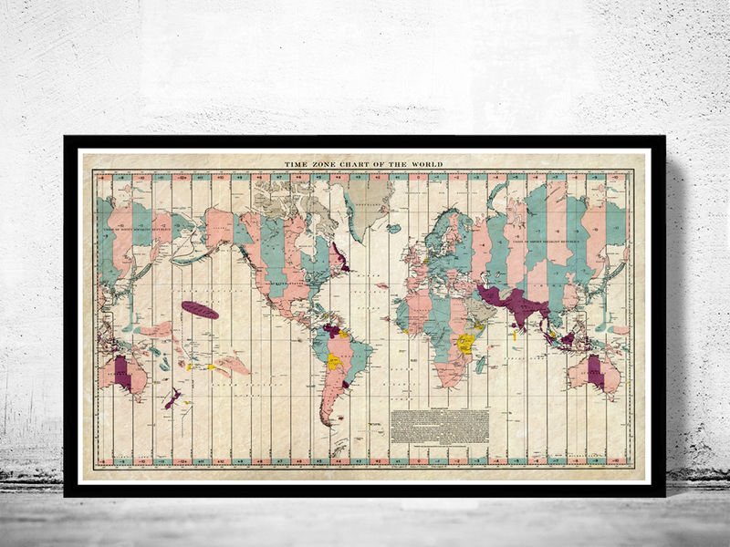 Old World Map Atlas Time Zone Chart 1937 MERCATOR PROJECTION - fine reproduction