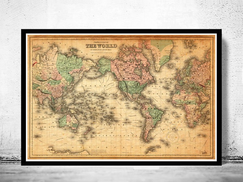 VINTAGE MAP OF THE WORLD 1876 MERCATOR PROJECTION - fine reproduction