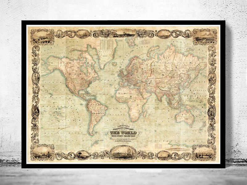 WONDERFUL OLD WORLD MAP 1847 MERCATOR PROJECTION - fine reproduction