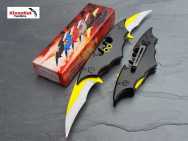 NEW BATMAN BLACK/ YELLOW DOUBLE BLADE Spring Assisted Open TACTICAL Pocket  Knife