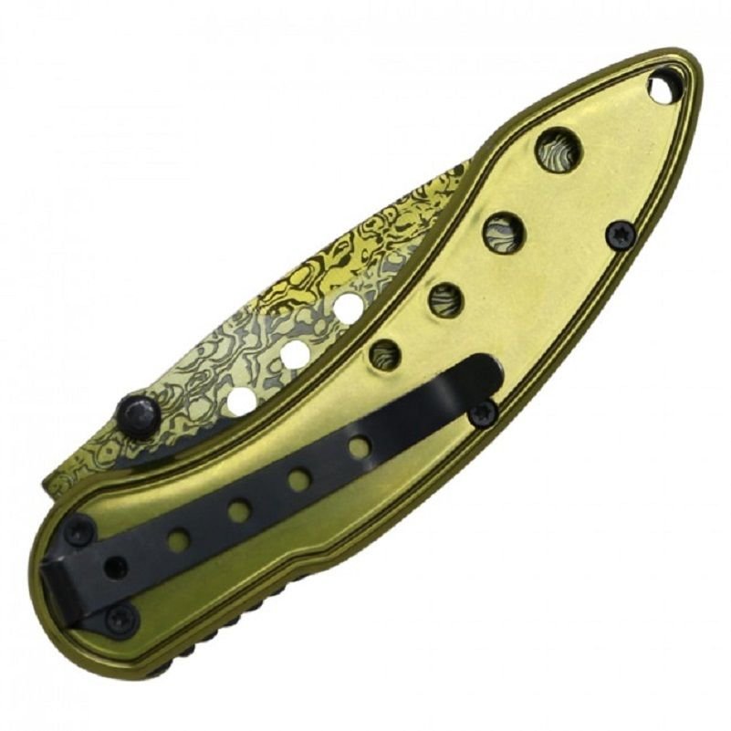 8" GOLD Spring Assisted Open TACTICAL DAMASCUS ETCHED Pocket Knife