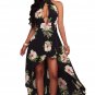 Sexy Summer Deep V Neck Chiffon Black Fashion Floral Print High-low Halter Maxi Boho Dress SYD7B