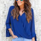 Fashion Woman Solid Long Sleeve Summer Autumn Blue Womens V Neck Ruched Tie Sleeve Top SYD9A