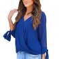 Fashion Woman Solid Long Sleeve Summer Autumn Blue Womens V Neck Ruched Tie Sleeve Top SYD9A