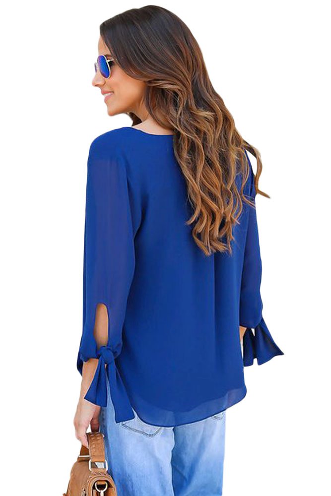Fashion Woman Solid Long Sleeve Summer Autumn Blue Womens V Neck Ruched ...