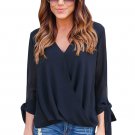Fashion Woman Solid Long Sleeve Summer Autumn Black Womens V Neck Ruched Tie Sleeve Top SYD9C