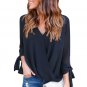 Fashion Woman Solid Long Sleeve Summer Autumn Black Womens V Neck Ruched Tie Sleeve Top SYD9C