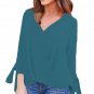 Fashion Woman Solid Long Sleeve Summer Autumn Green Womens V Neck Ruched Tie Sleeve Top SYD9D