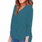 Fashion Woman Solid Long Sleeve Summer Autumn Green Womens V Neck Ruched Tie Sleeve Top SYD9D
