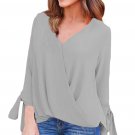 Fashion Woman Solid Long Sleeve Summer Autumn Gery Womens V Neck Ruched Tie Sleeve Top SYD9E
