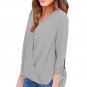 Fashion Woman Solid Long Sleeve Summer Autumn Gery Womens V Neck Ruched Tie Sleeve Top SYD9E