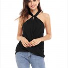 New Woman Black Solid Chiffon Sleeveless Fashion Top Drape Wrapped Tank Top Summer Blouse SYD14B