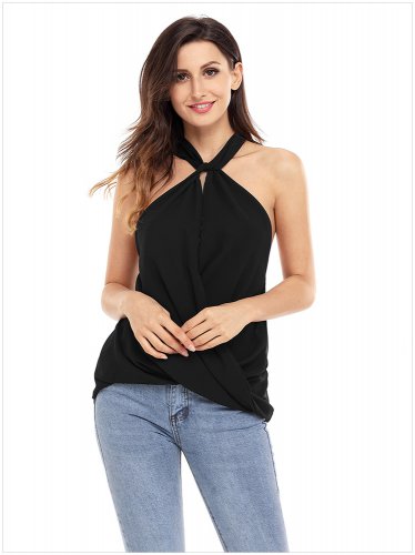 New Woman Black Solid Chiffon Sleeveless Fashion Top Drape Wrapped Tank Top Summer Blouse SYD14B
