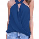 New Woman Blue Solid Chiffon Sleeveless Fashion Top Drape Wrapped Tank Top Summer Blouse SYD14C