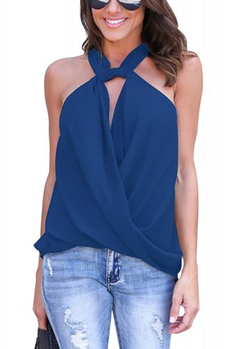 New Woman Blue Solid Chiffon Sleeveless Fashion Top Drape Wrapped Tank Top Summer Blouse SYD14C