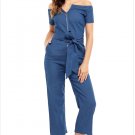 Denim Blue Zipped Off Shoulder Wide Leg Jumpsuit Long Pants Romper Bodysuit Garment SYD18