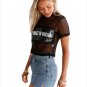Black Metallic Panel Insert Mesh Crop Top Sexy Woman Hollow Out Letter Print T-Shirt SYD37