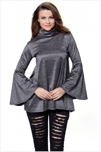 Black Flared Bell Sleeve Knit Blouse Long Sleeve High Neck Autumn Tops Fashion Clothing SYD38B