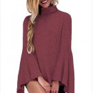 Burgundy Flared Bell Sleeve Knit Blouse Long Sleeve High Neck Autumn Tops Fashion Clothing SYD38D