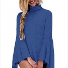 Blue Flared Bell Sleeve Knit Blouse Long Sleeve High Neck Autumn Tops Fashion Clothing SYD38E