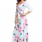 White Floral Print Wrapped Long Boho Dress Half Sleeve Deep V Neck Elegant Chic Summer Dress SYD42A