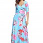 Cyan Floral Print Wrapped Long Boho Dress Half Sleeve V Neck Elegant Chic Summer Dress SYD42E
